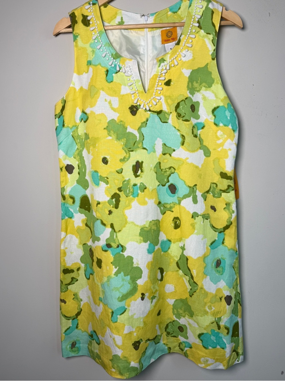 NWT Ruby Rd Yellow Watercolor Floral Beaded Linen Shift Dress Summer Resort Sz 8